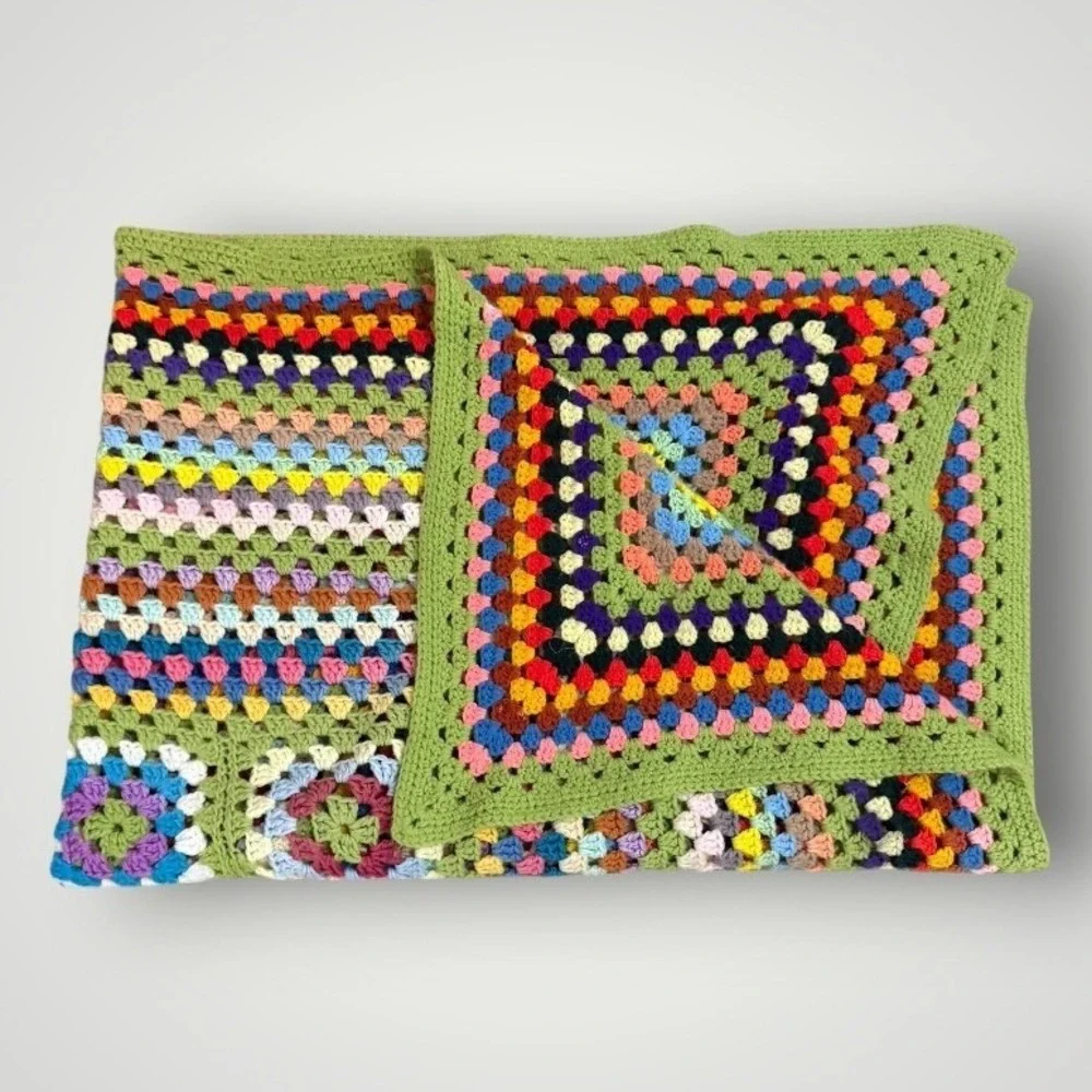 Crochet Granny Square Blanket Green Retro Hand Knit Afghan Cottagecore Eclectic